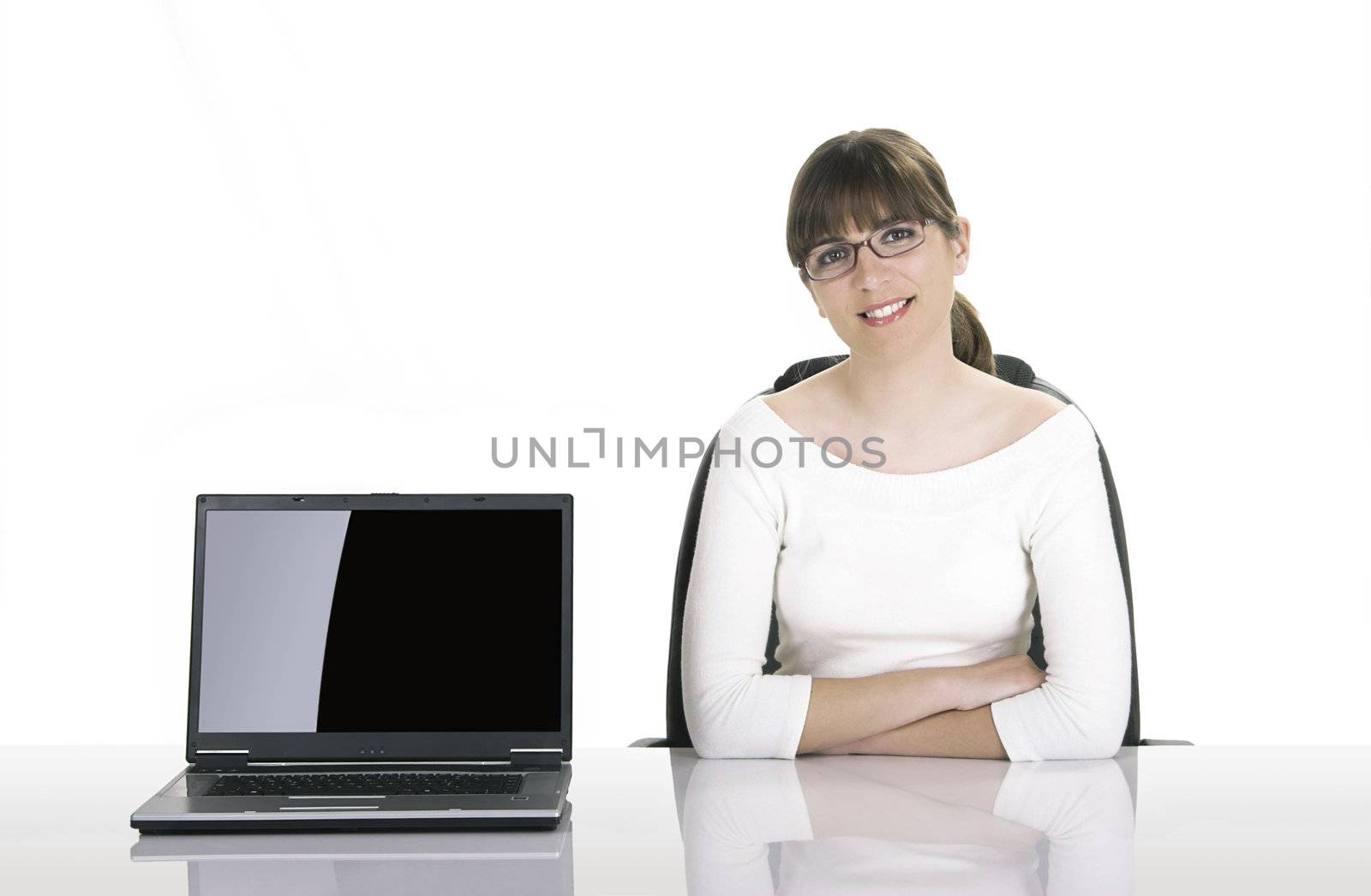 Satisfied businesswoman showing a presentation on the laptop.
(This file include a path on the laptop screen)
