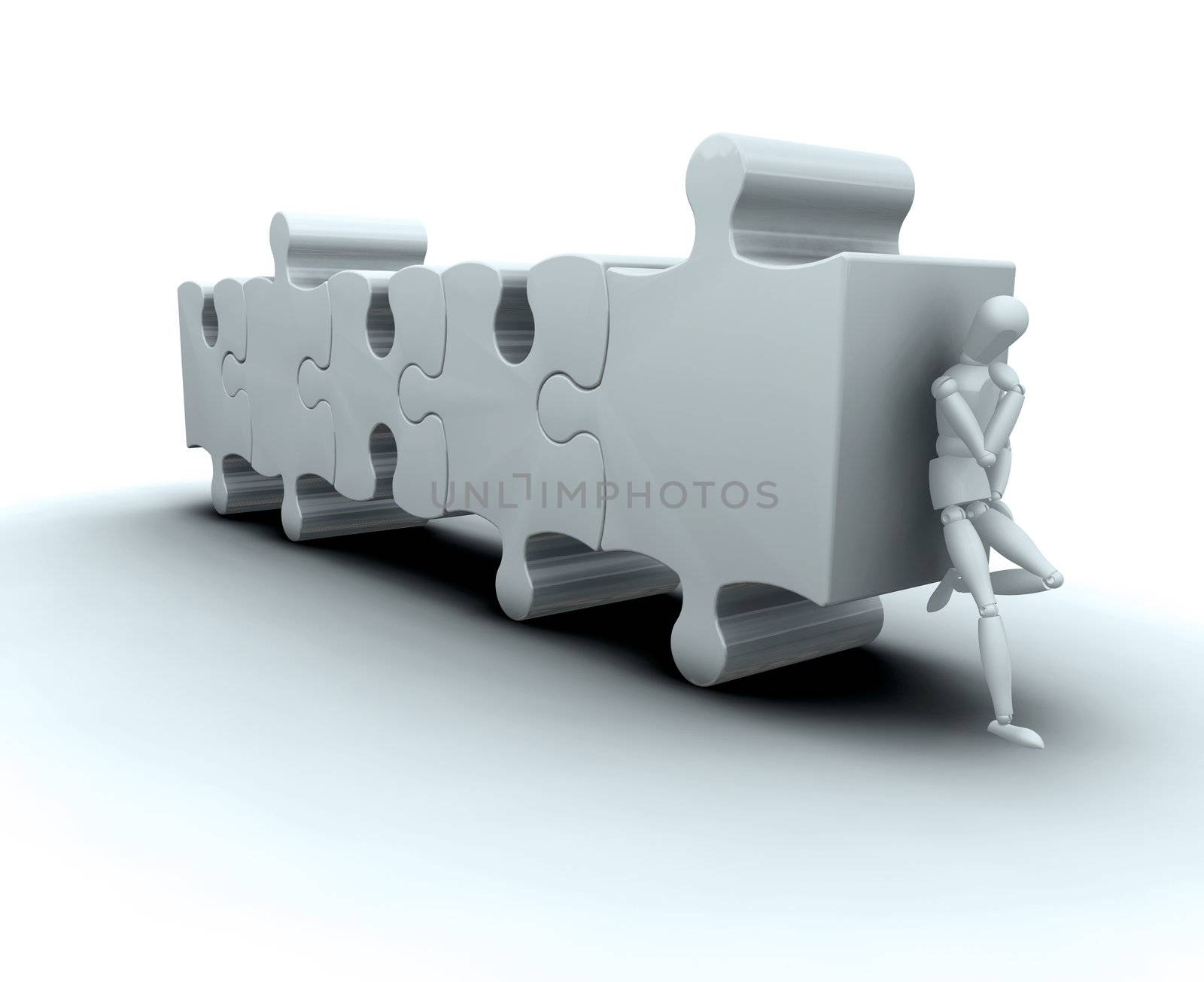 3D render of a man leaning on puzzle pieces