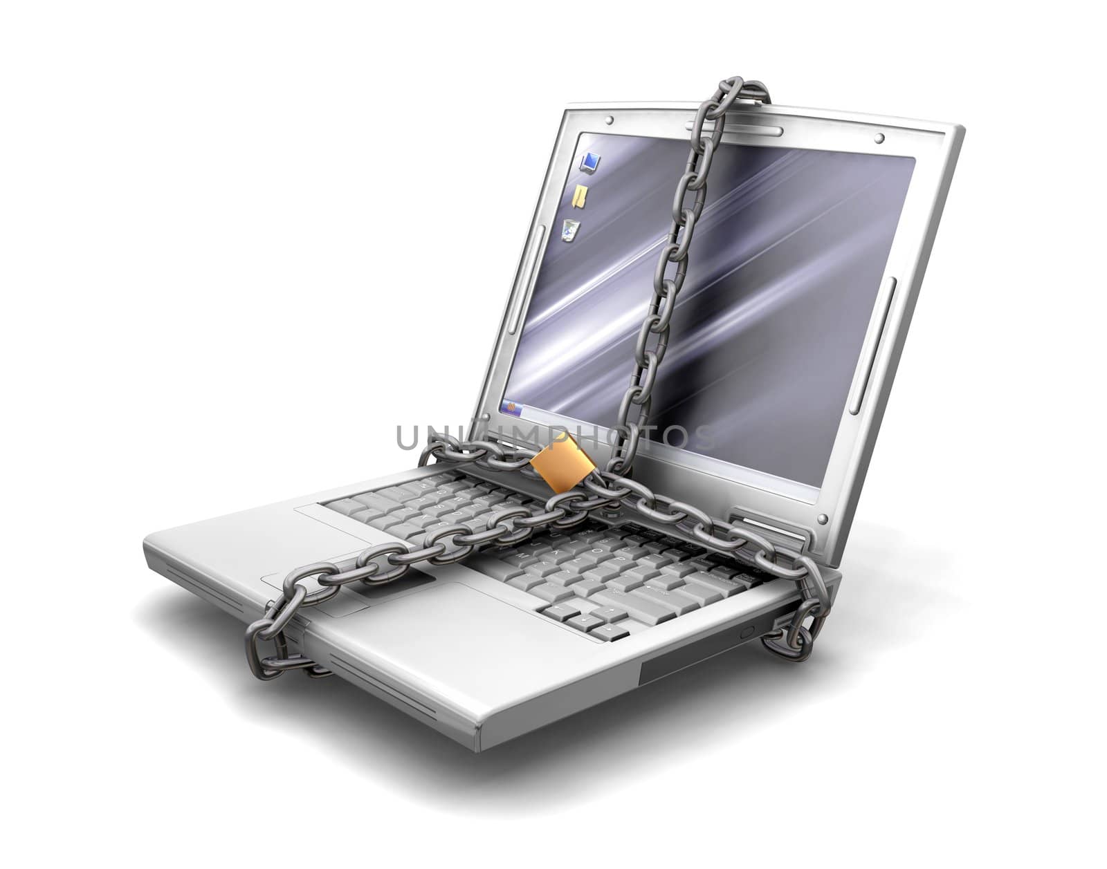 3D render of a laptop with a padlock and chain around it