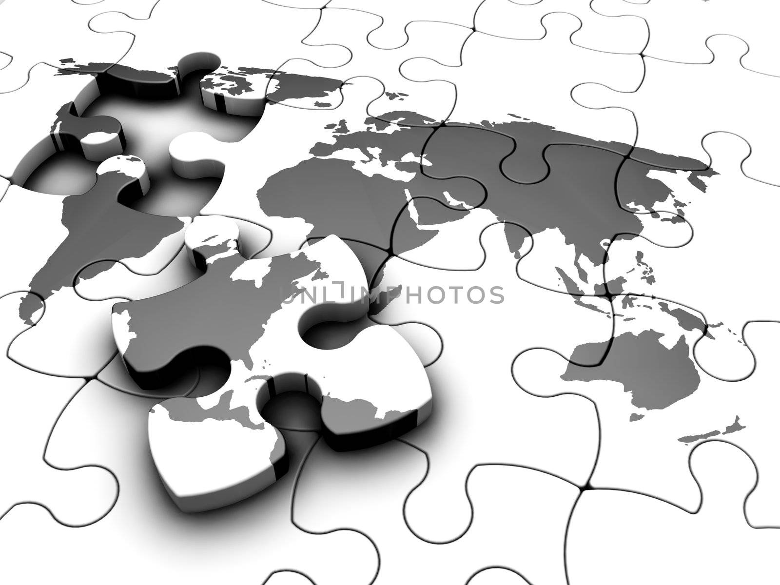 3D render of puzzle pieces with world map print