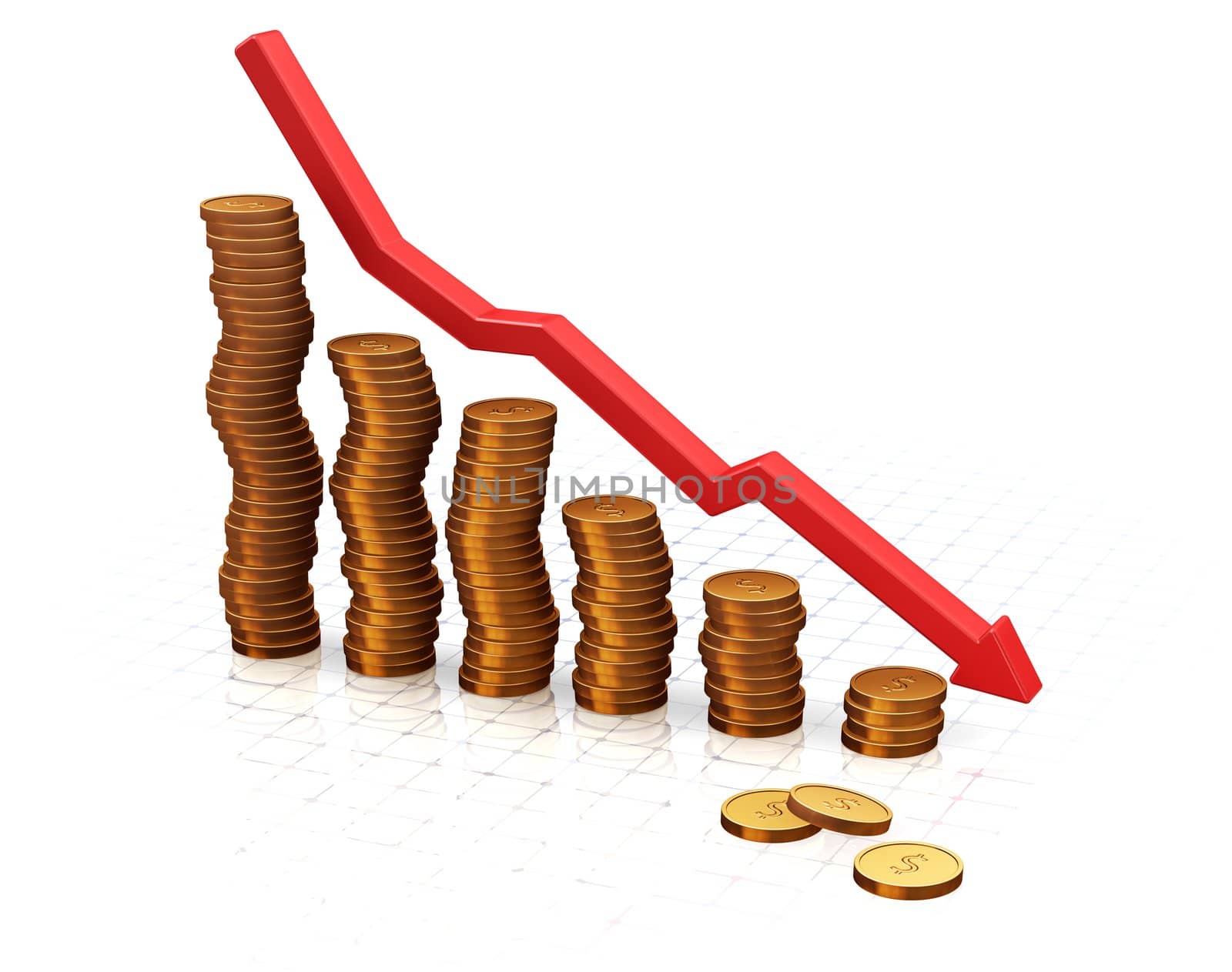 3D render of a chart showing falling profits with fading out grid on the floor