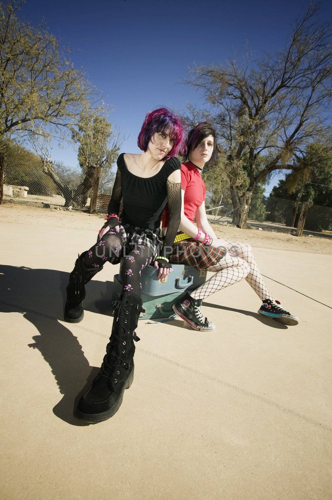 Two Punk Girls Sitting on Suitcases by Creatista