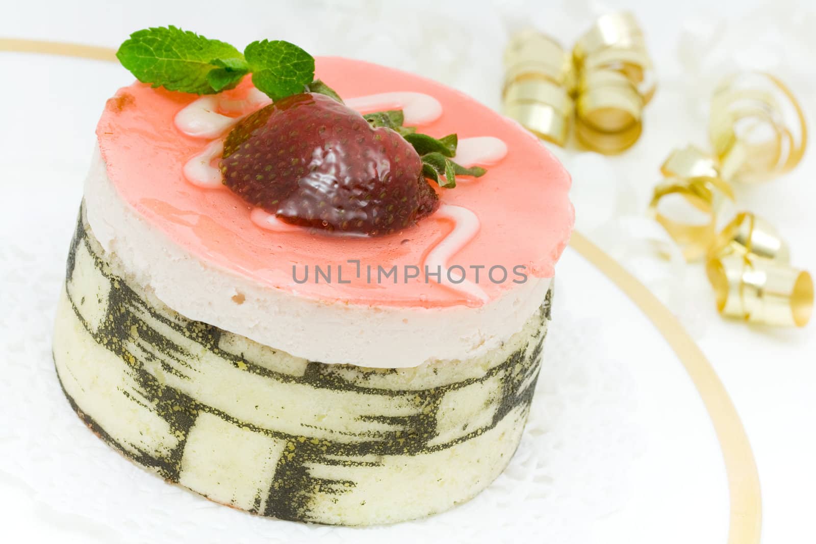 Festive strawberry cake with woven pattern printed on it
