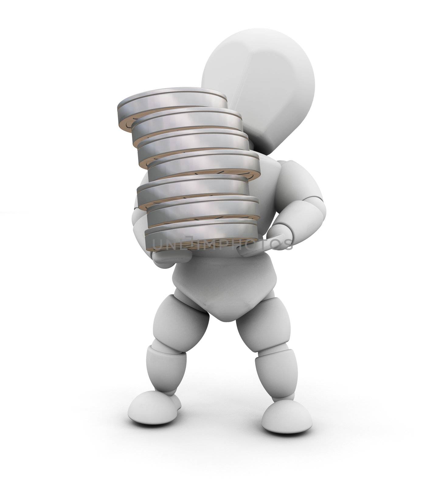 3D render of someone holding a stack of film reels