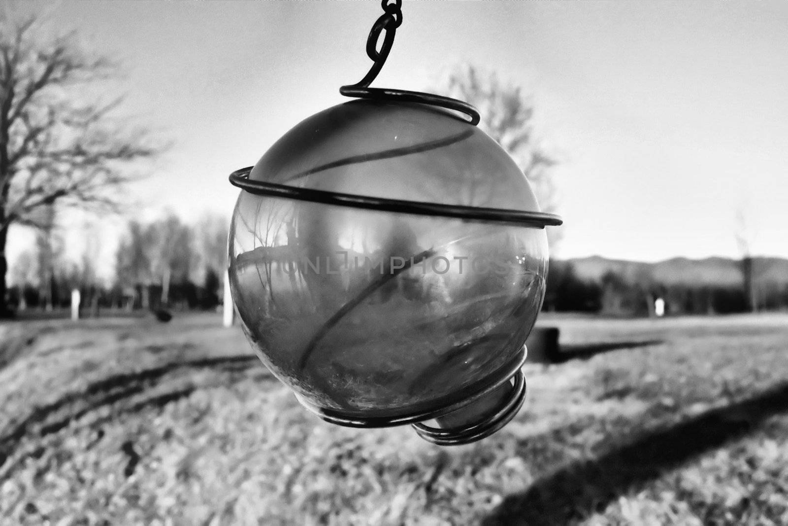 A large hanging ball shown in black and white