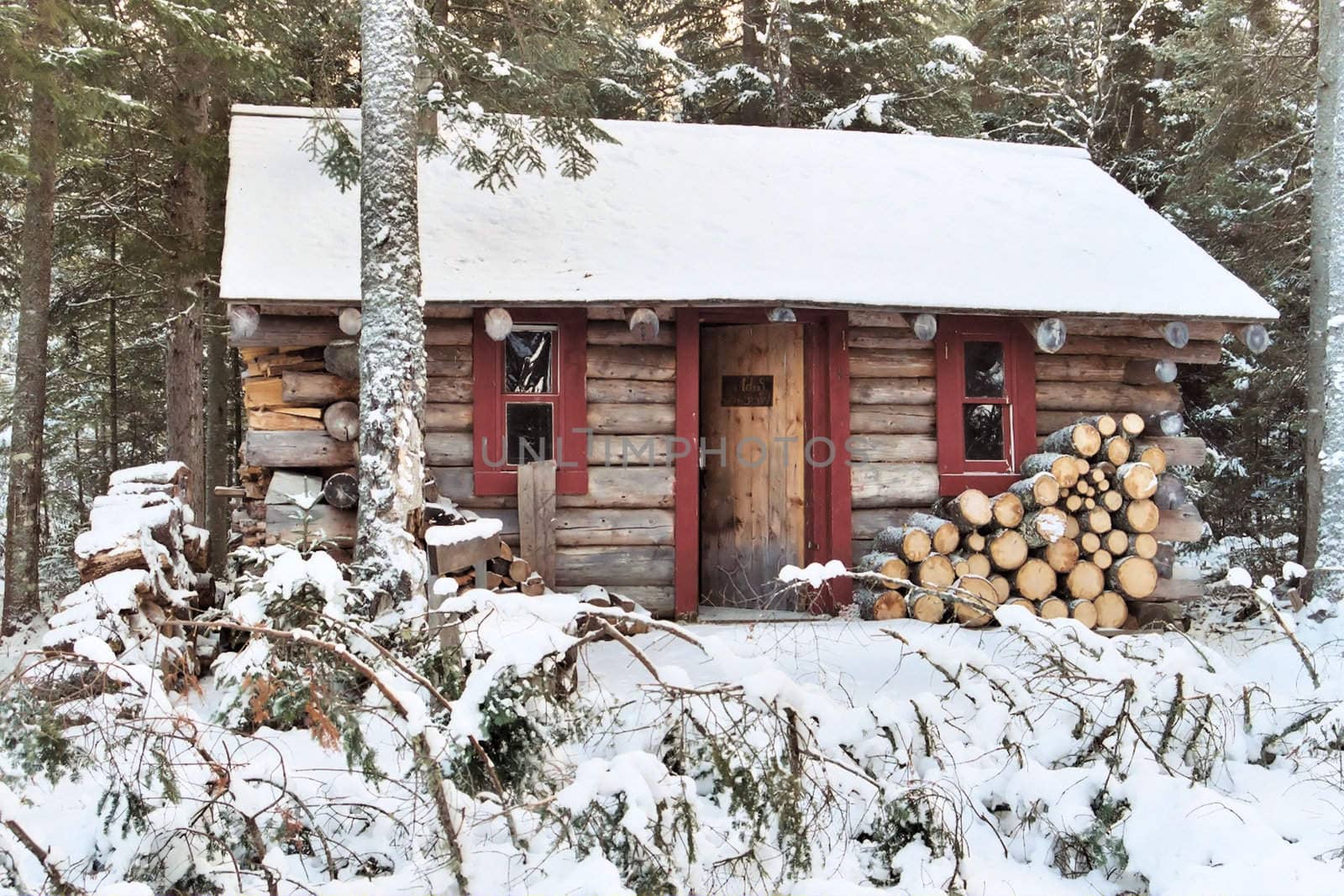 A log cabin in the woods during the winter seaso