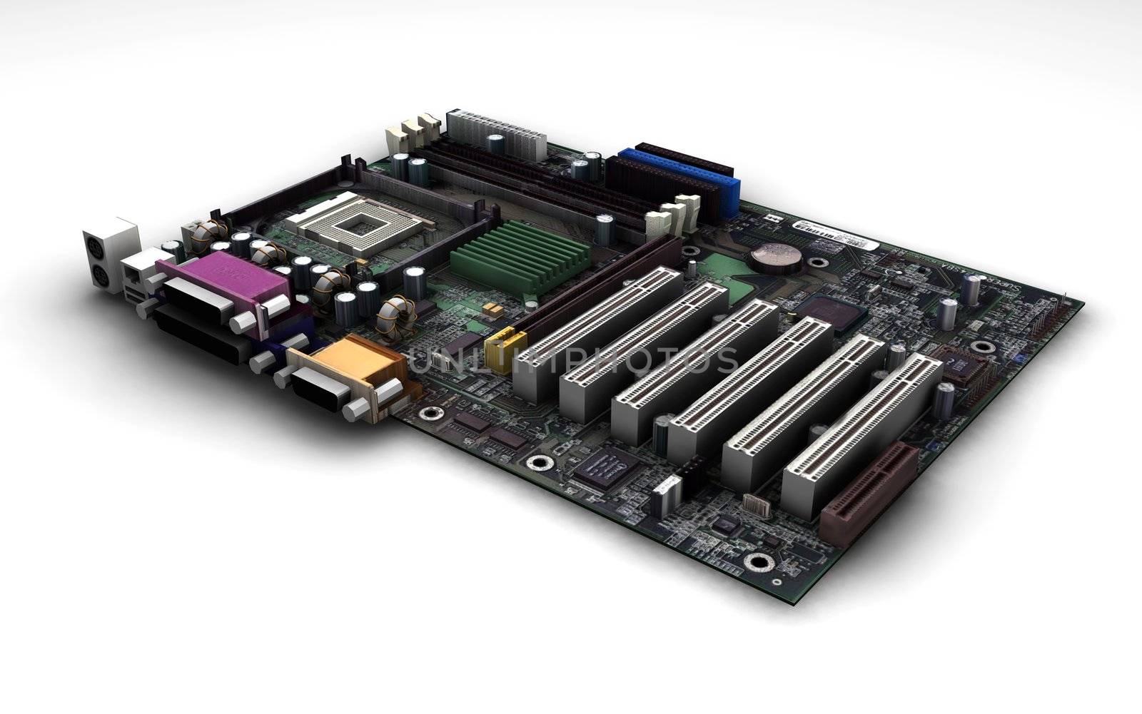 3D render of a motherboard