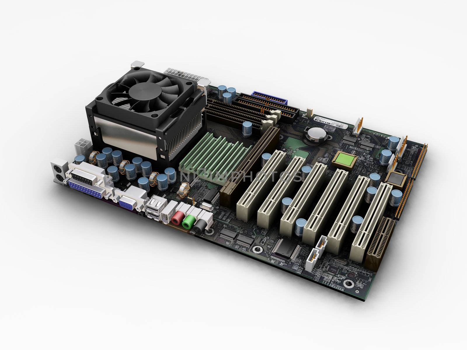 3D render of a motherboard