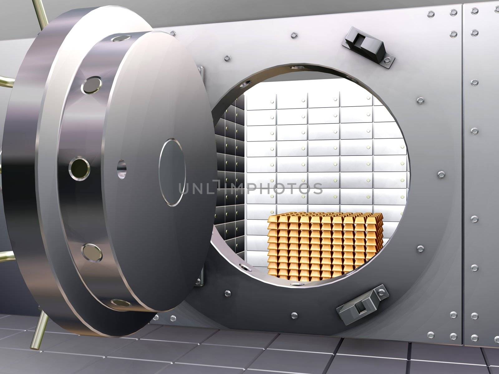 3D render of an open bank vault with gold bullions