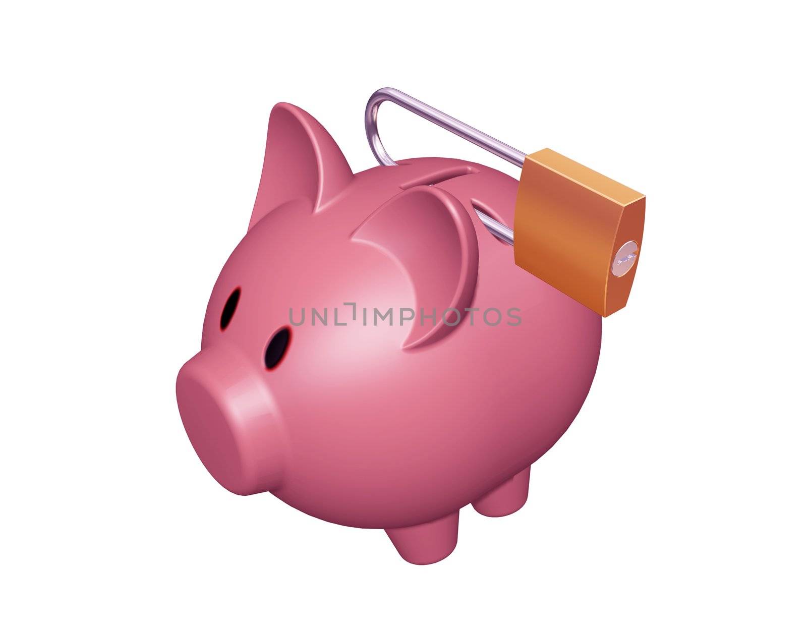 3D render of a piggy bank with a padlock