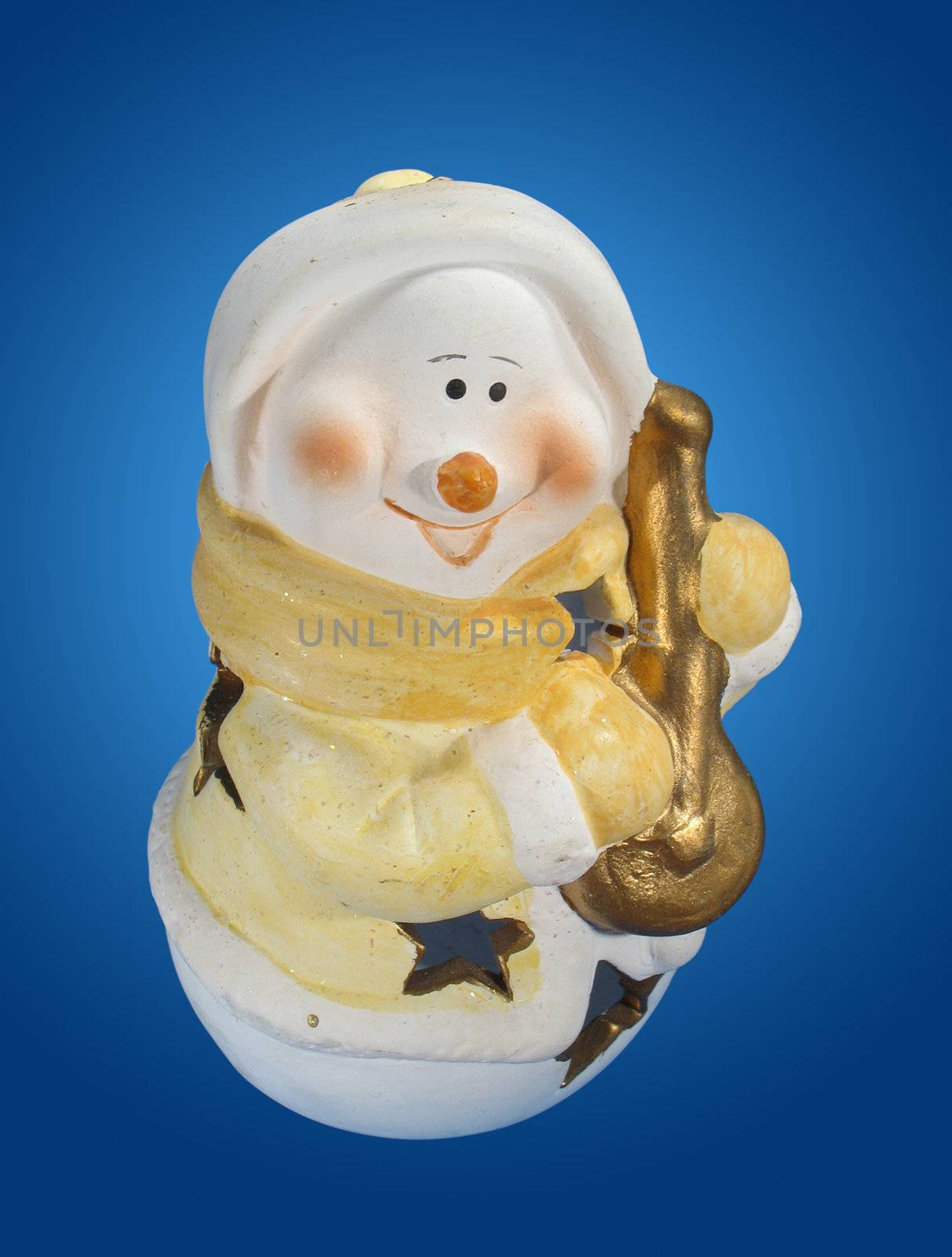 Beautiful snowman on the blue backgrund. With clipping paths.