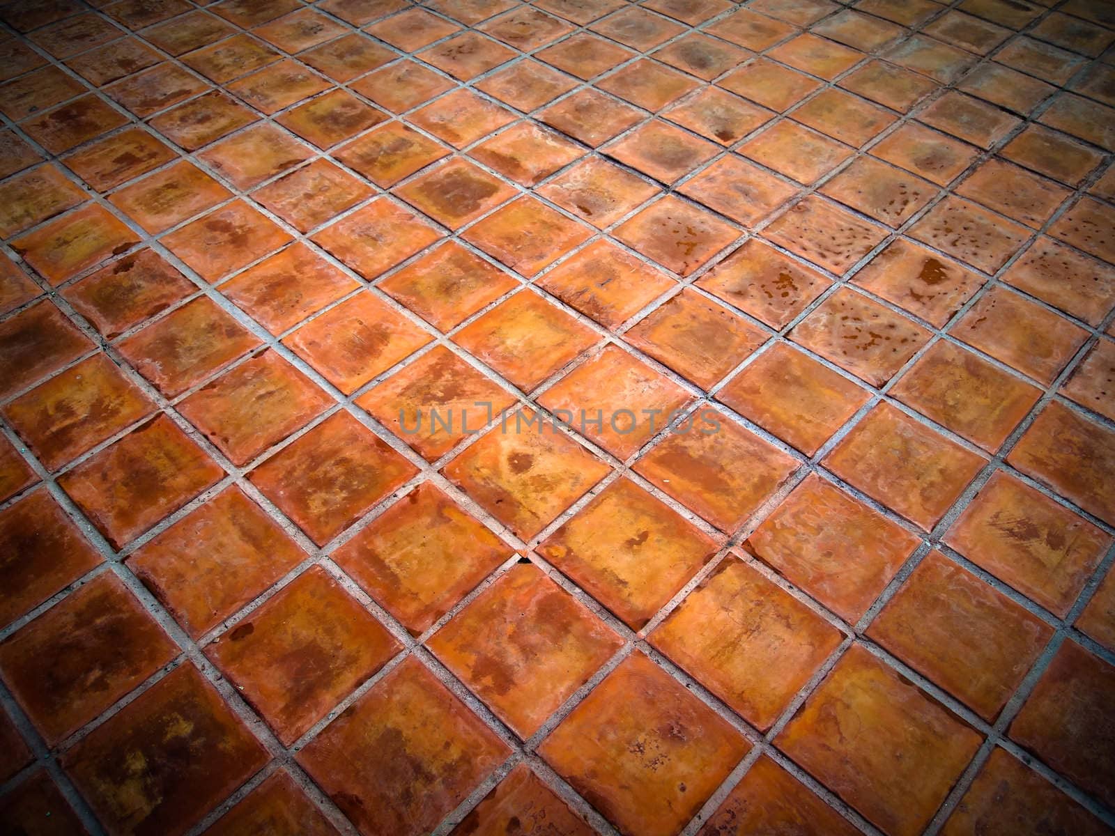 Top Perspective of Square red tiles floor