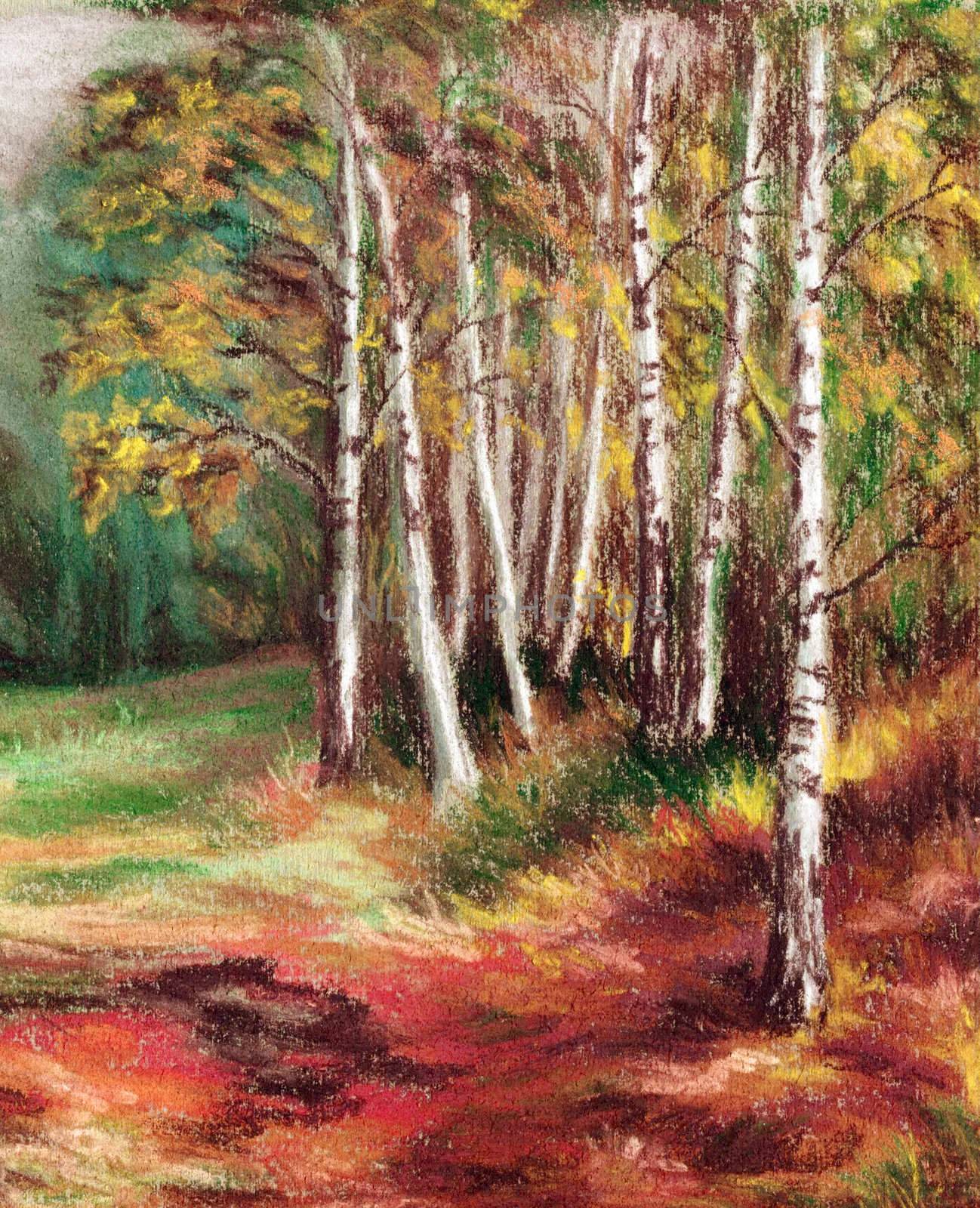 Picture, landscape, autumn forest. Hand draw, drawing a pastel on a cardboard