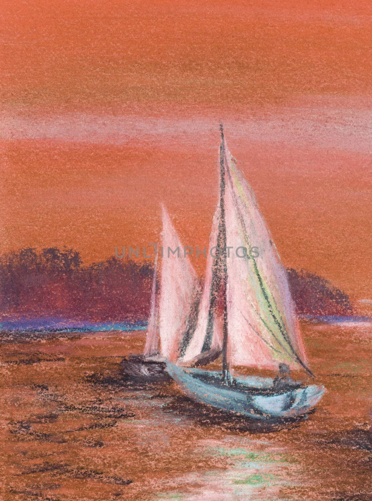 Picture, landscape. Yachts float on the sea. Hand draw, pastel on a cardboard
