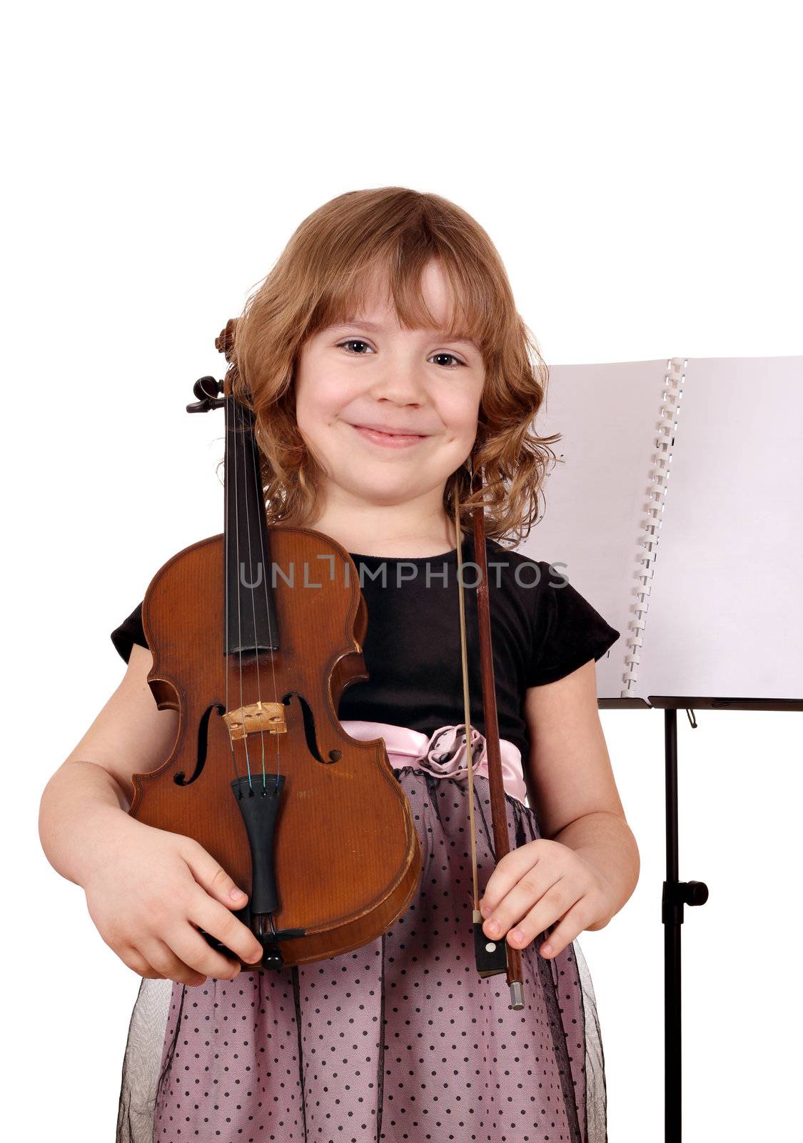 beautiful little girl with violin portrait on white 