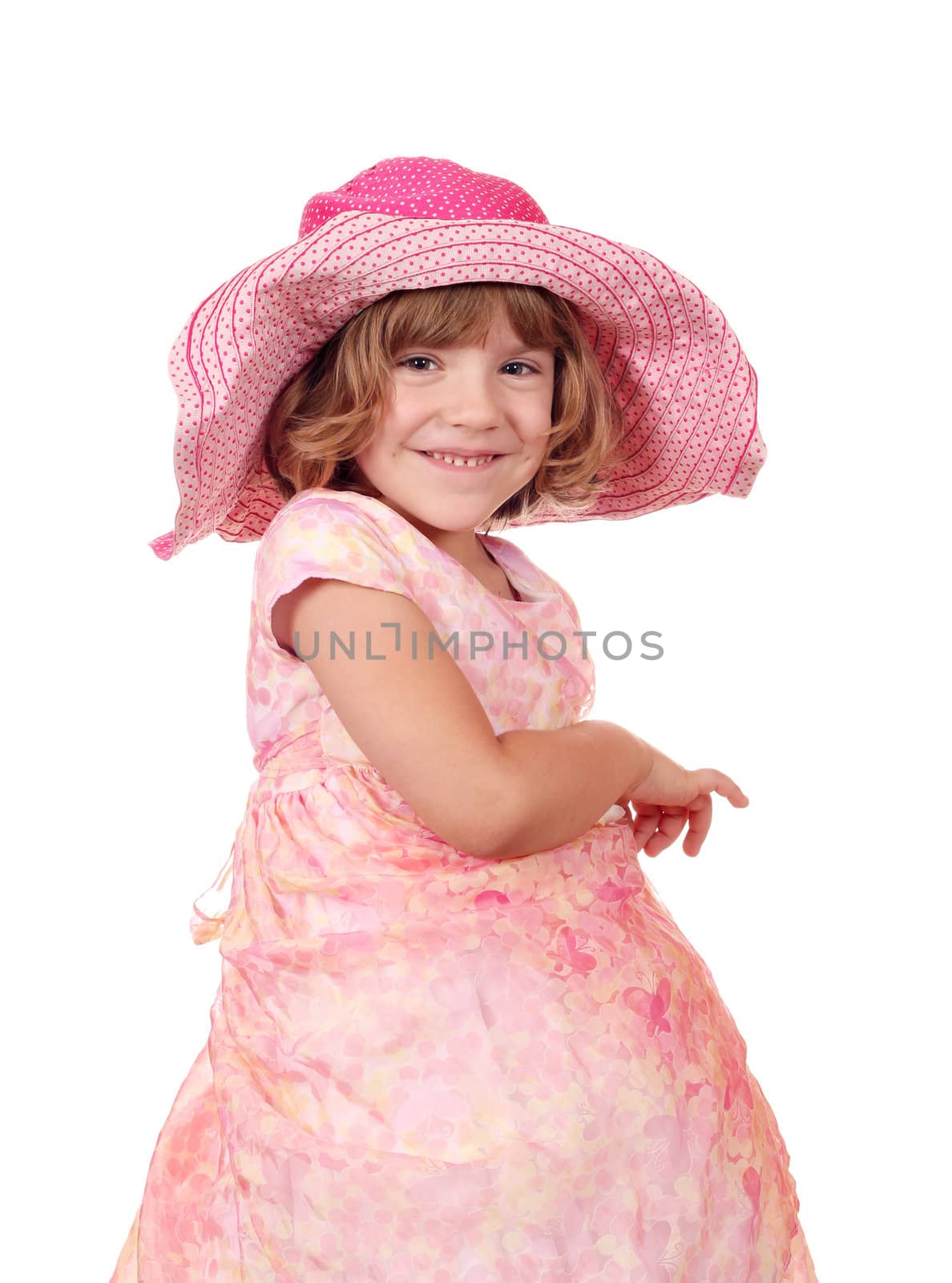 happy little girl with big hat portrait by goce