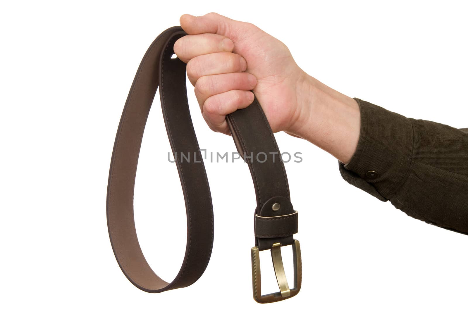 The man's hand holding a leather belt