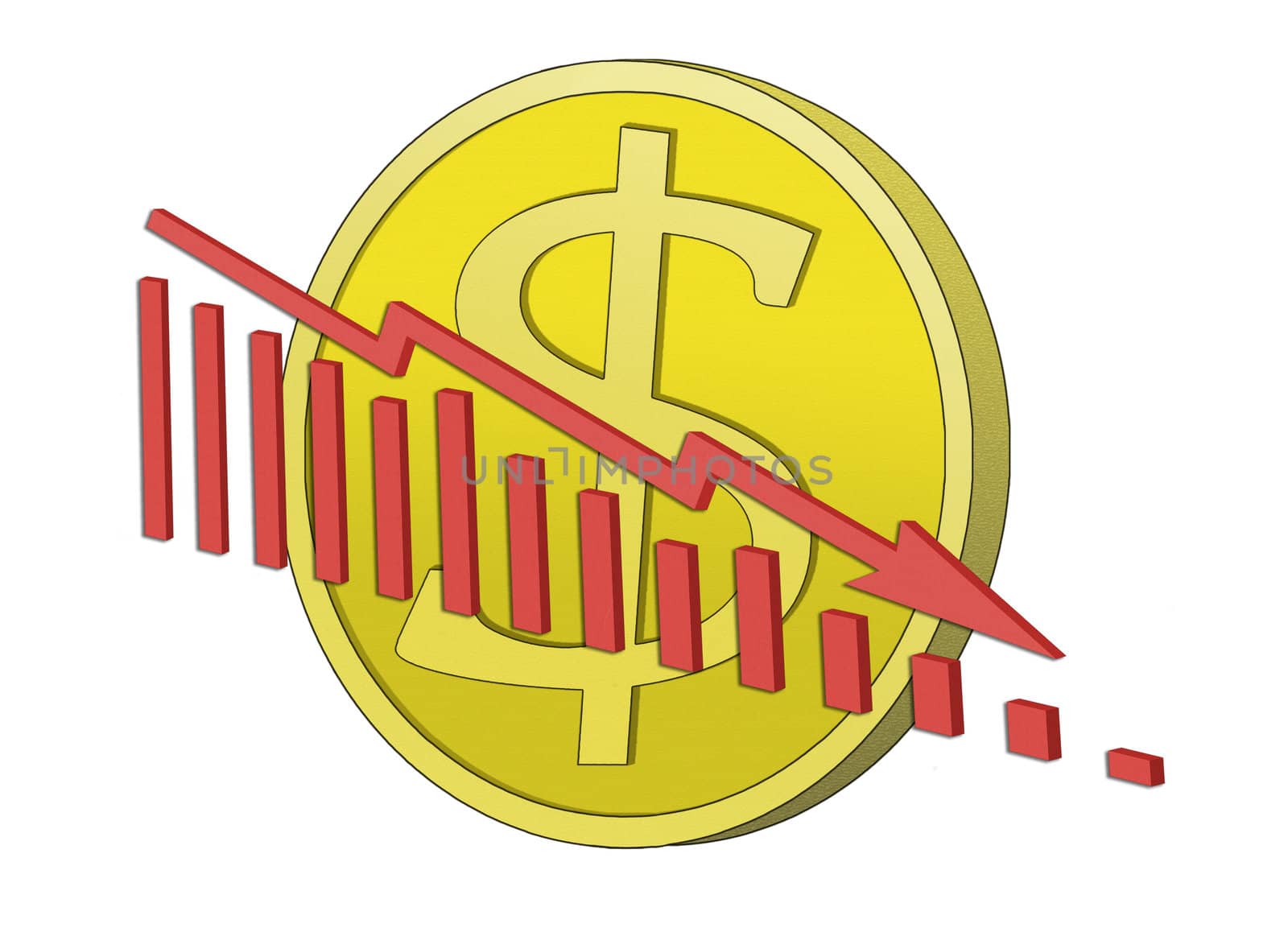 Dollar coin with declining graph in front. Symbol for declining dollar.