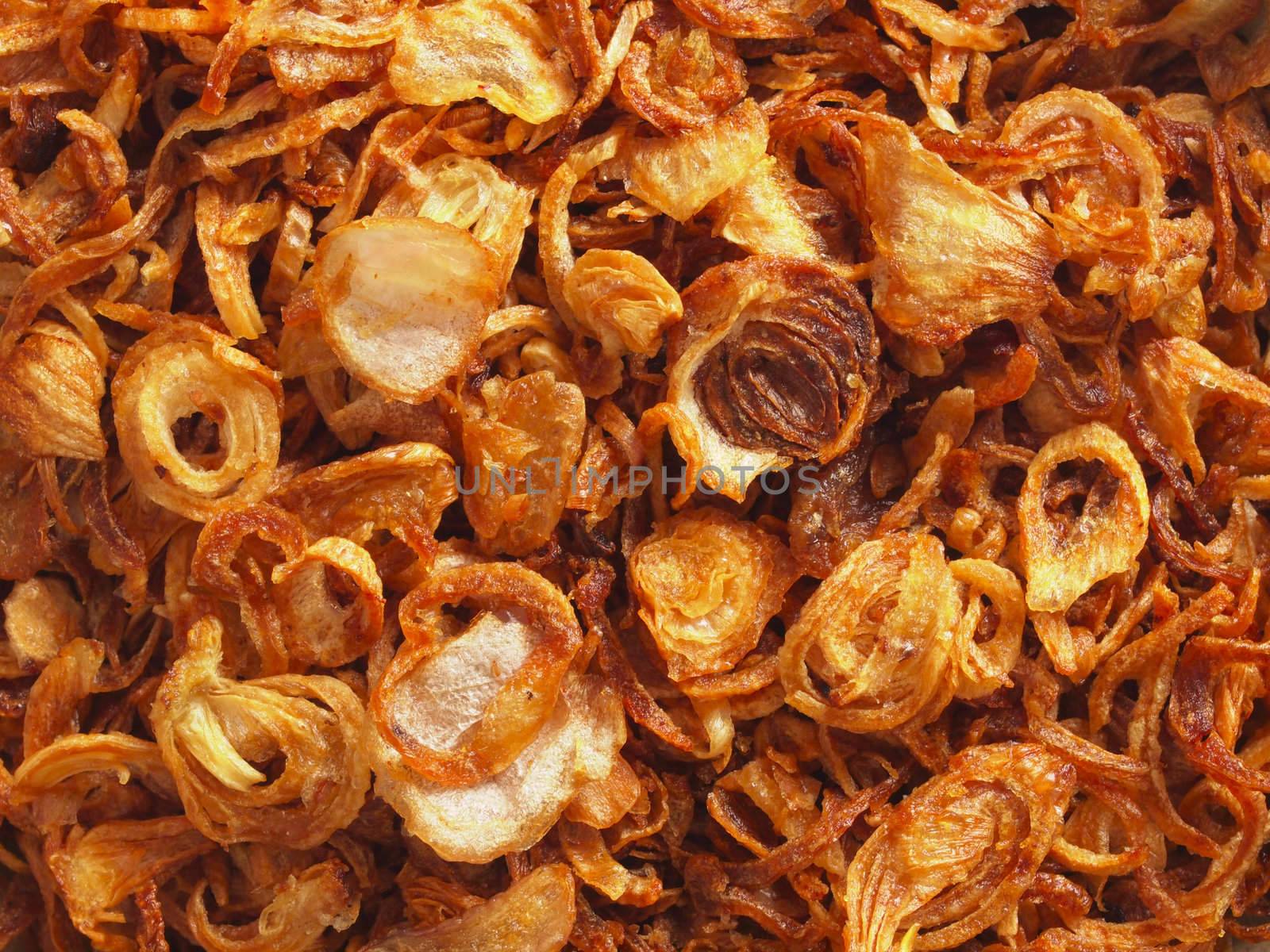 close up of golden fried shallots food background