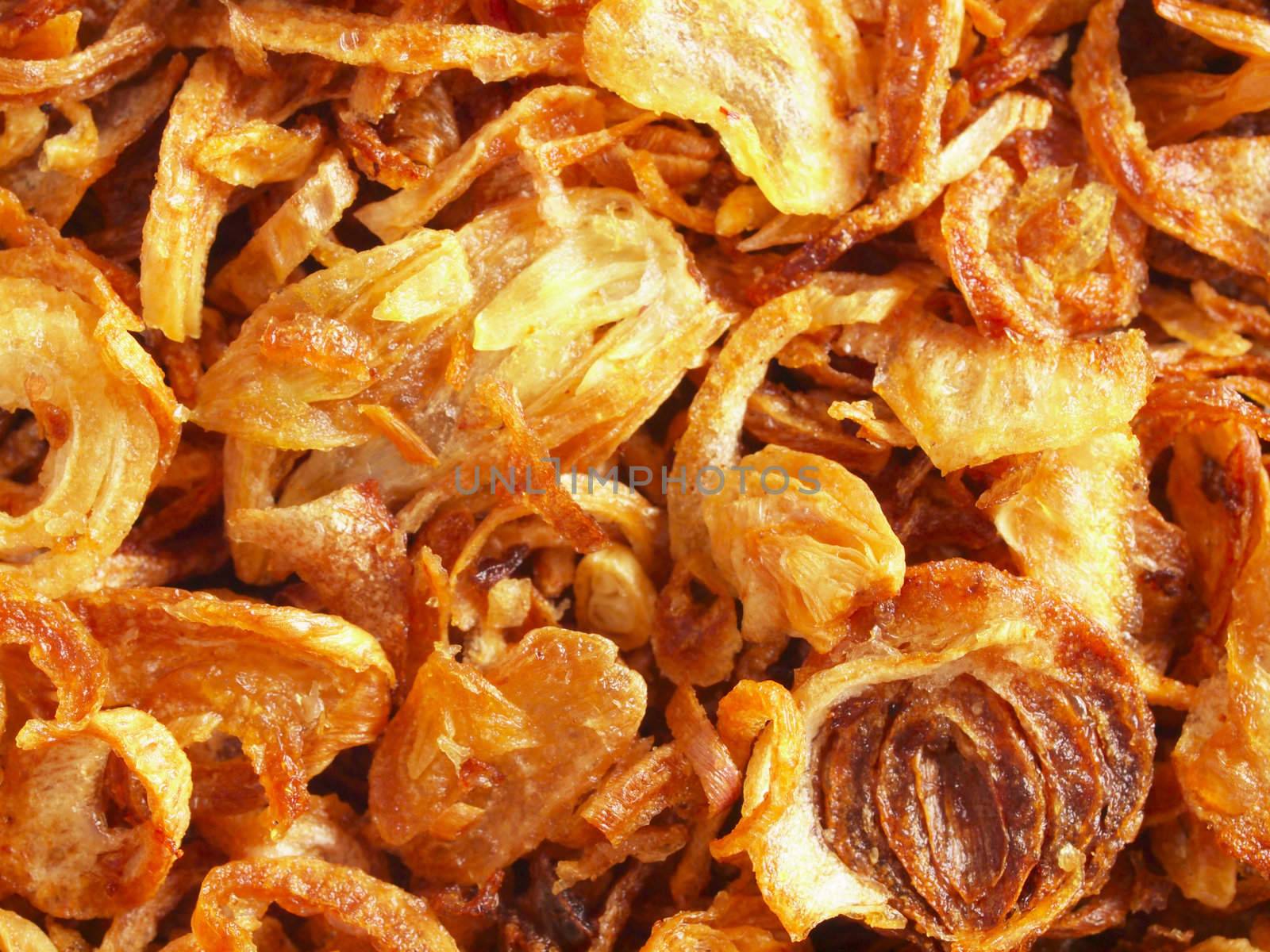 close up of golden fried shallots food background