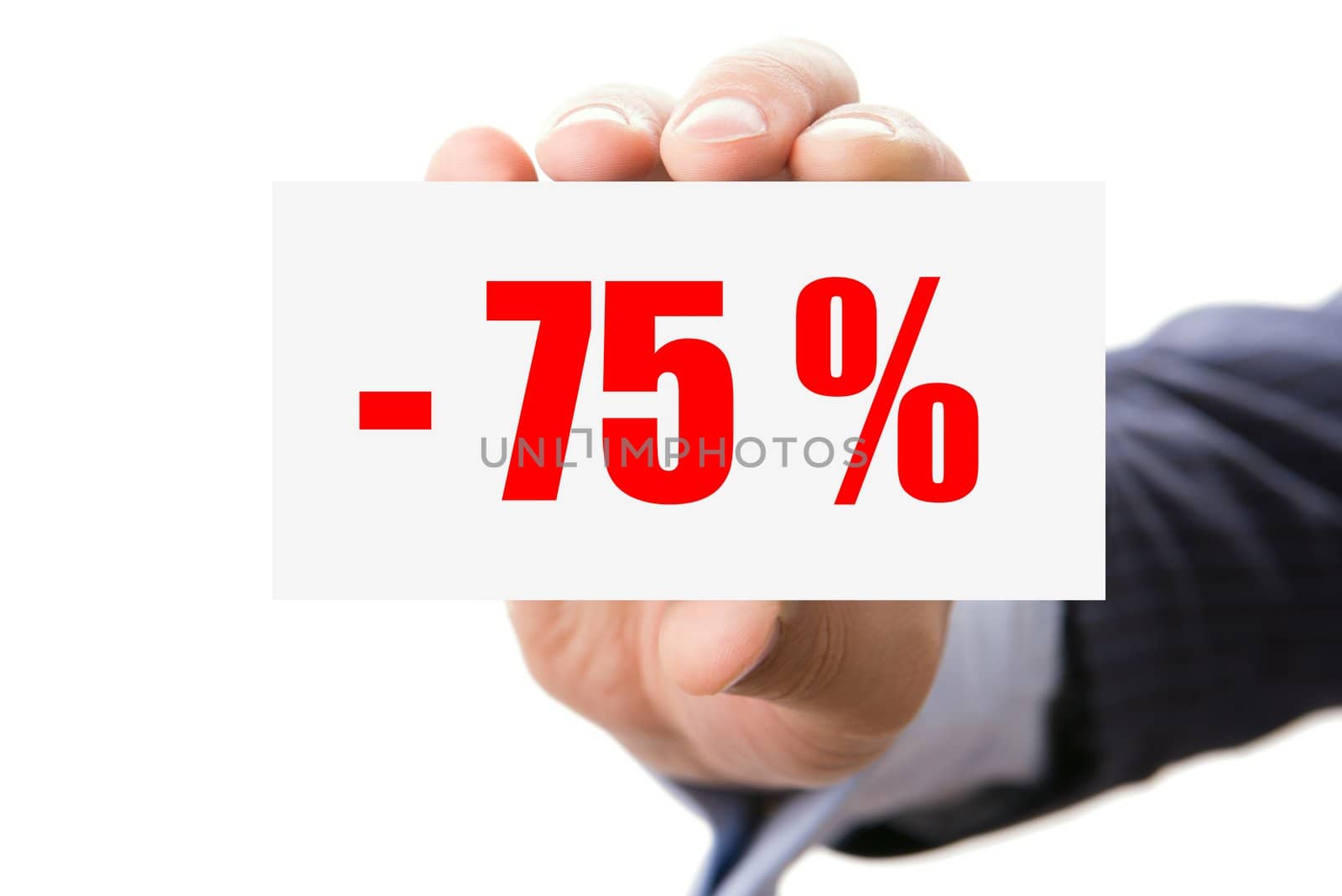 Hand holding discount card, isolated on white background