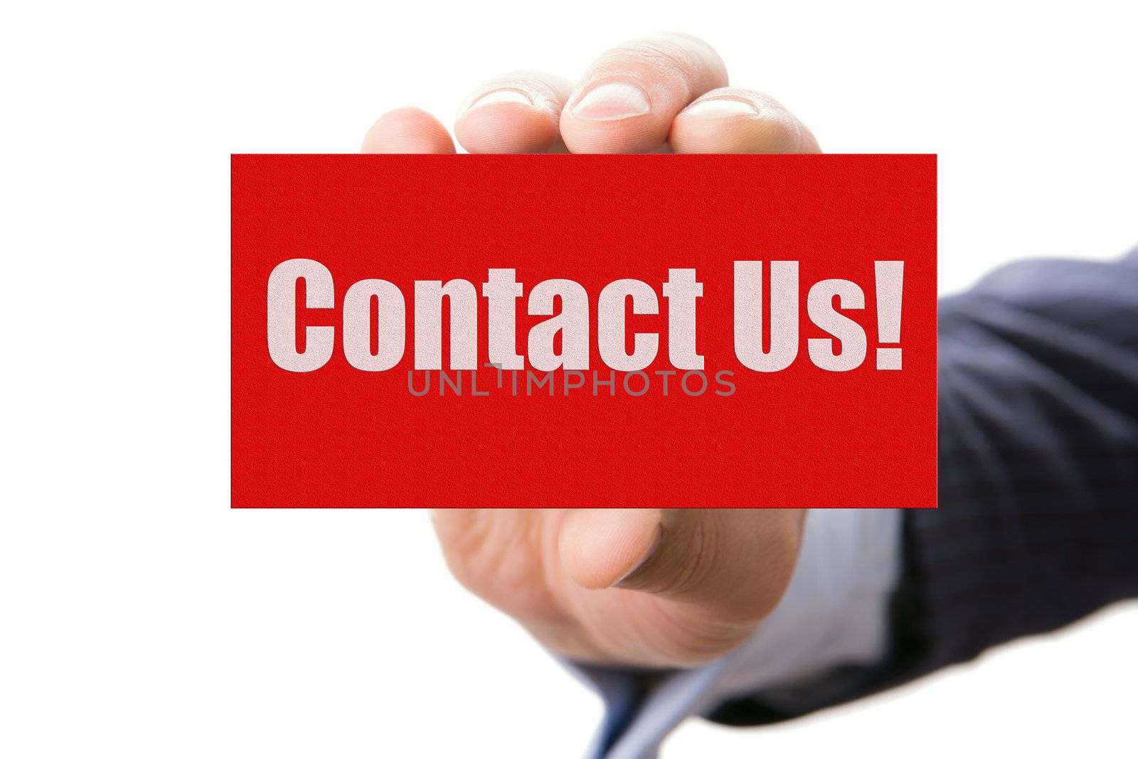 Hand holding card with inscription Contact us, isolated on white background