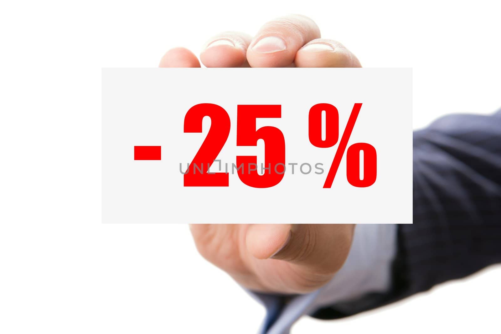 Hand holding discount card, isolated on white background
