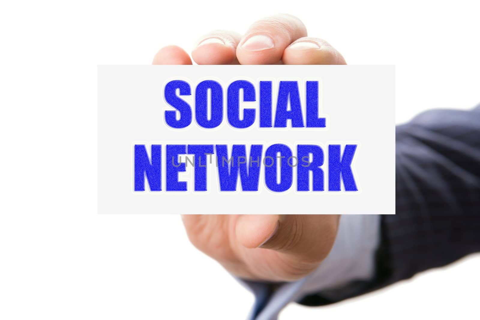 Hand holding card with inscription social network, isolated on white background