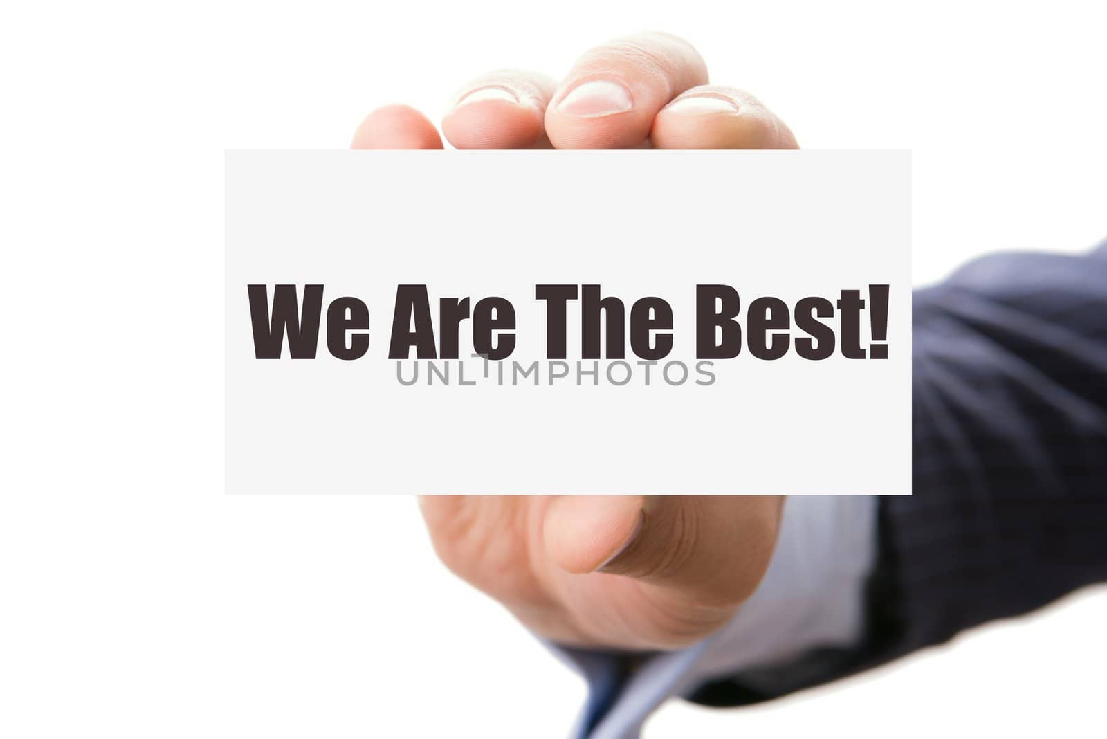 Hand holding card with inscription we are the best, isolated on white background