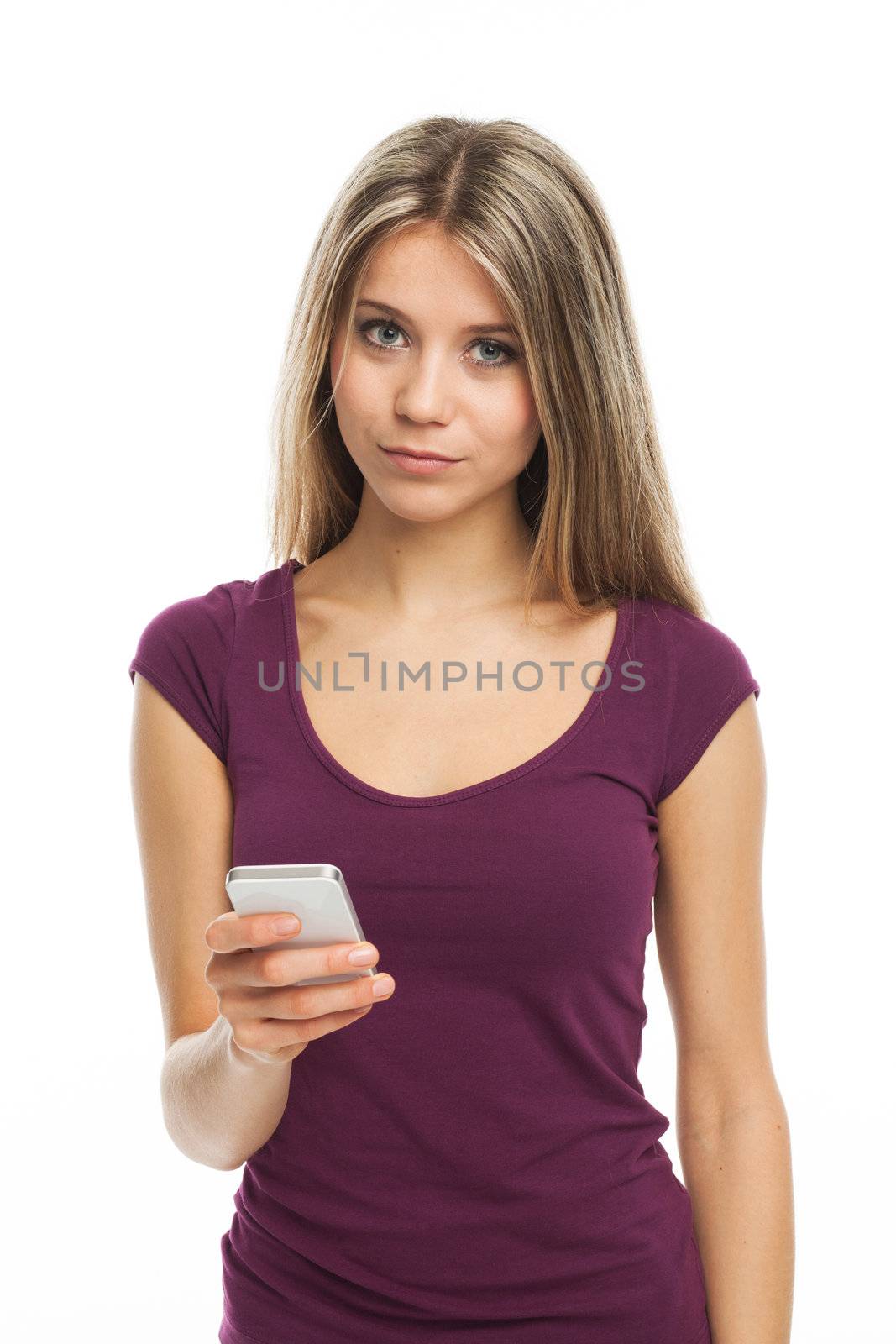 Nice girl with her phone in her hand, on white