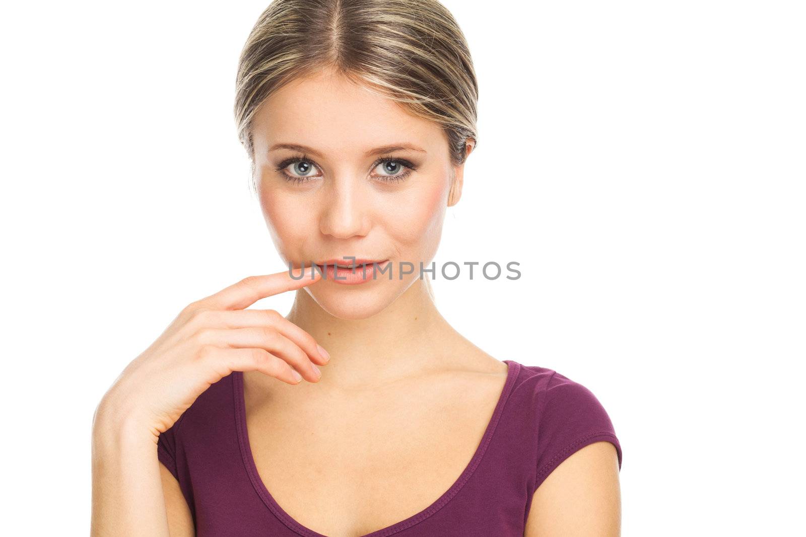 Close up portrait of a charming young woman, on white
