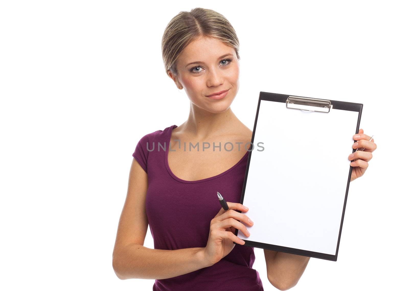 Young woman showing blank white paper, on white
