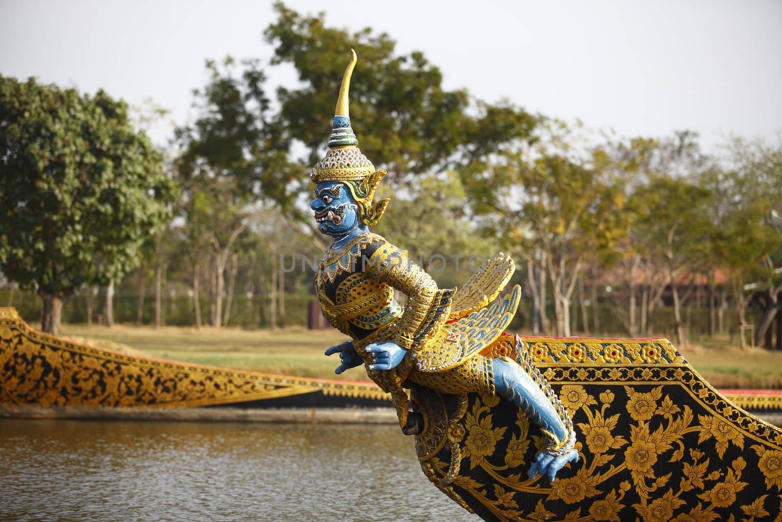 Human-birded warship floats on the river 