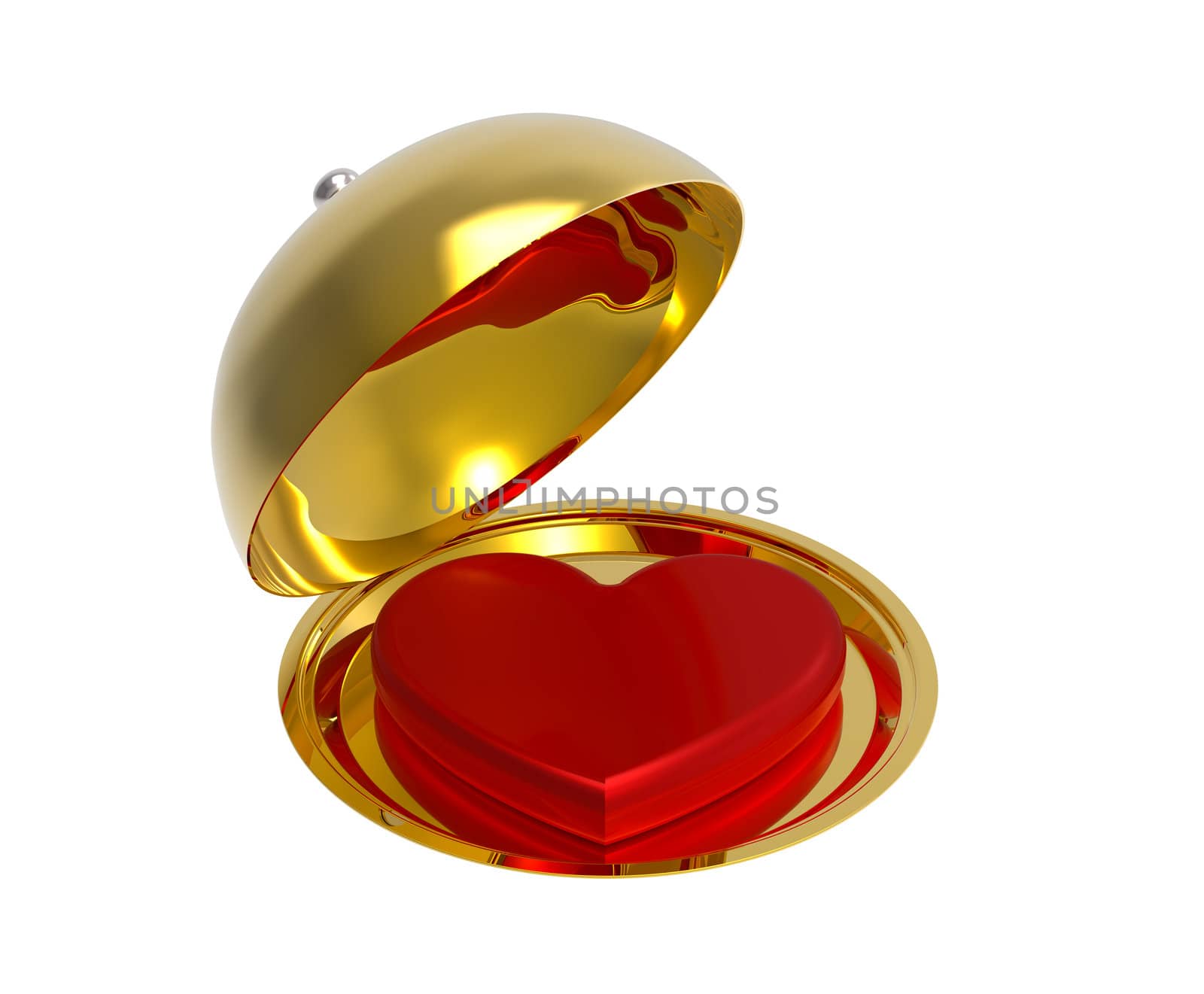 Red heart on a golden platter, isolated on white background, render