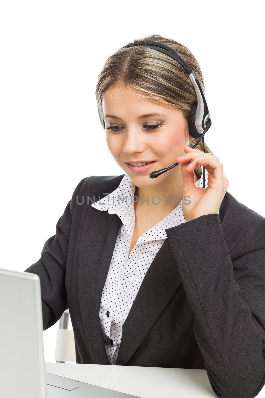 Beautiful young woman with headphones and laptop illustrating business service, on white