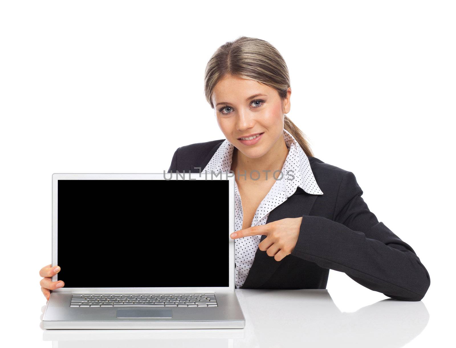 Business woman showing a laptop screen by TristanBM