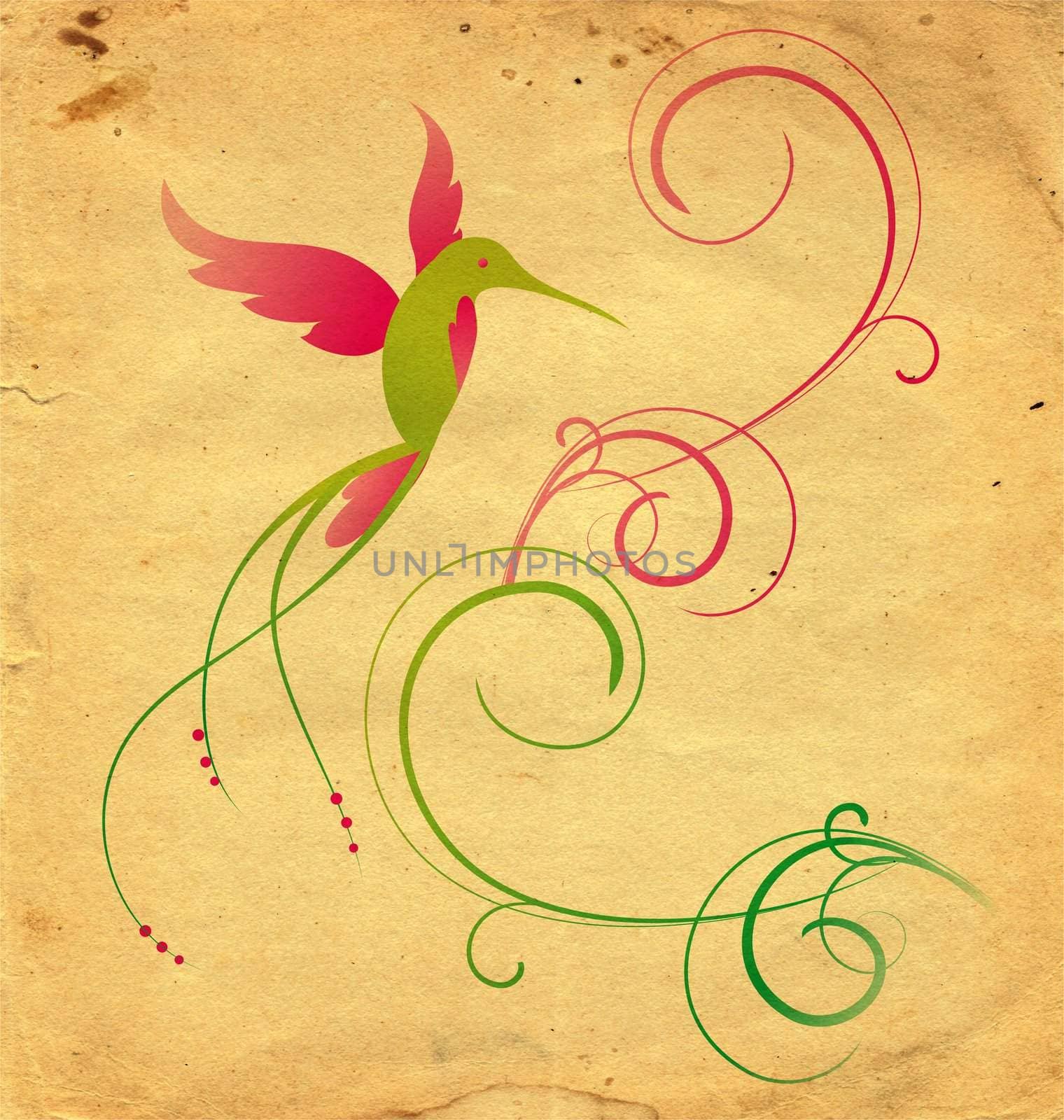 colibri bird and flourishes grange background