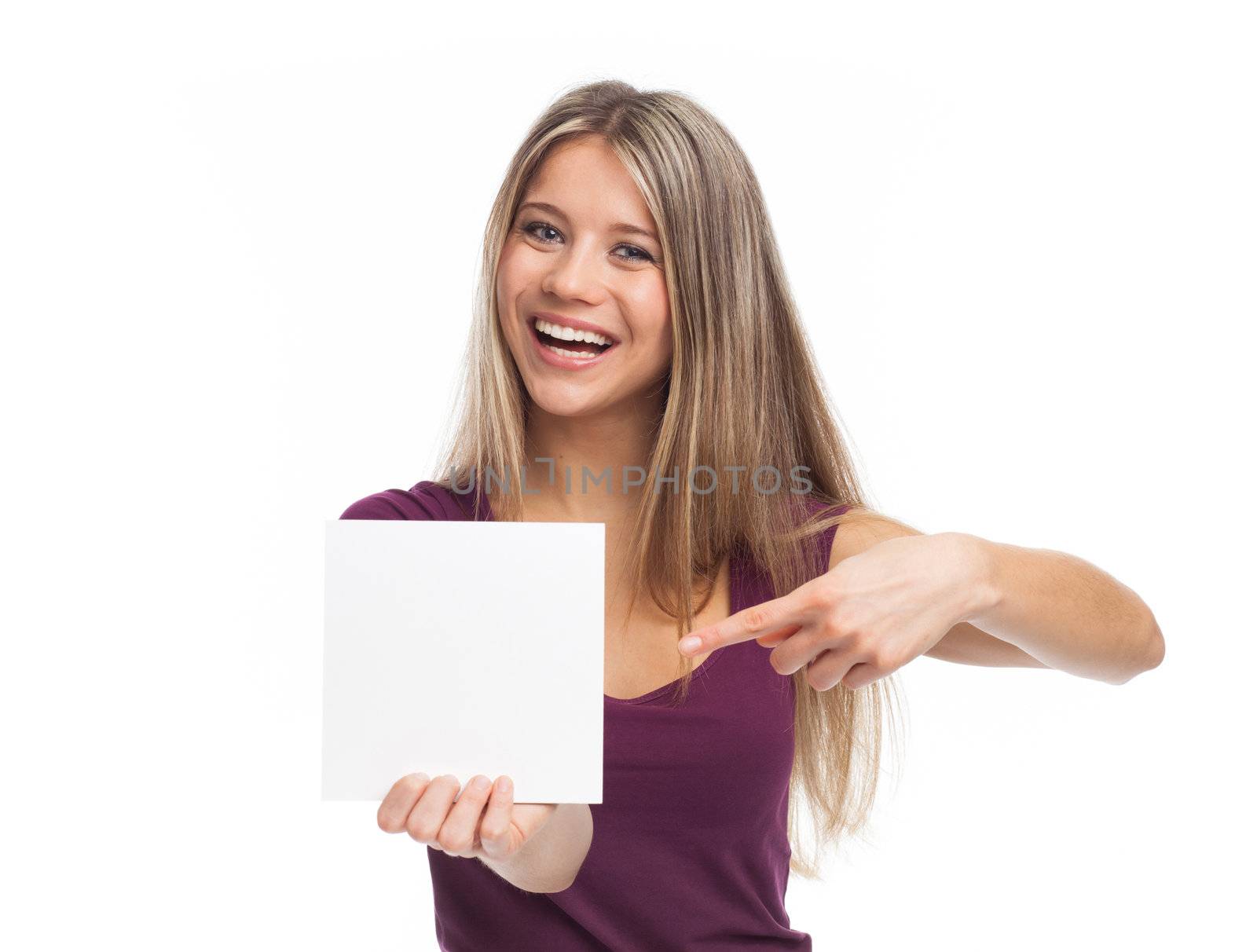 Young woman showing a white signboard, isolated on white