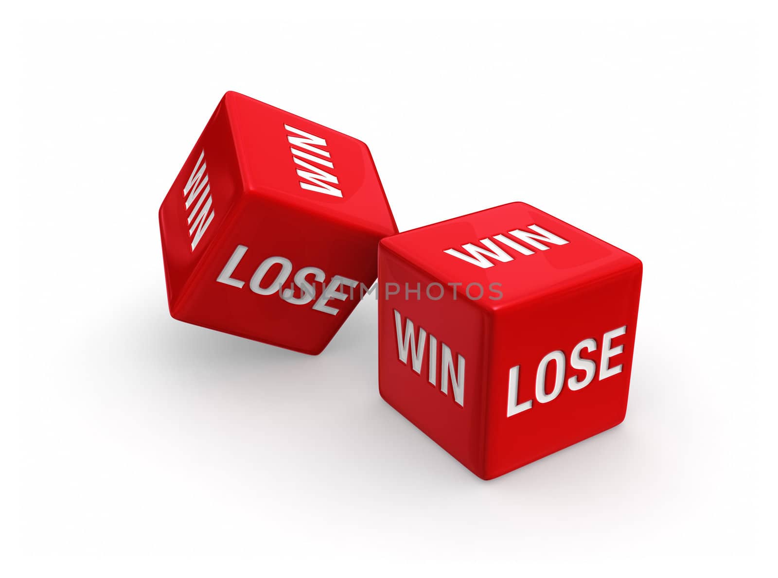 Two red dice engraved with WIN and LOSE on white background.