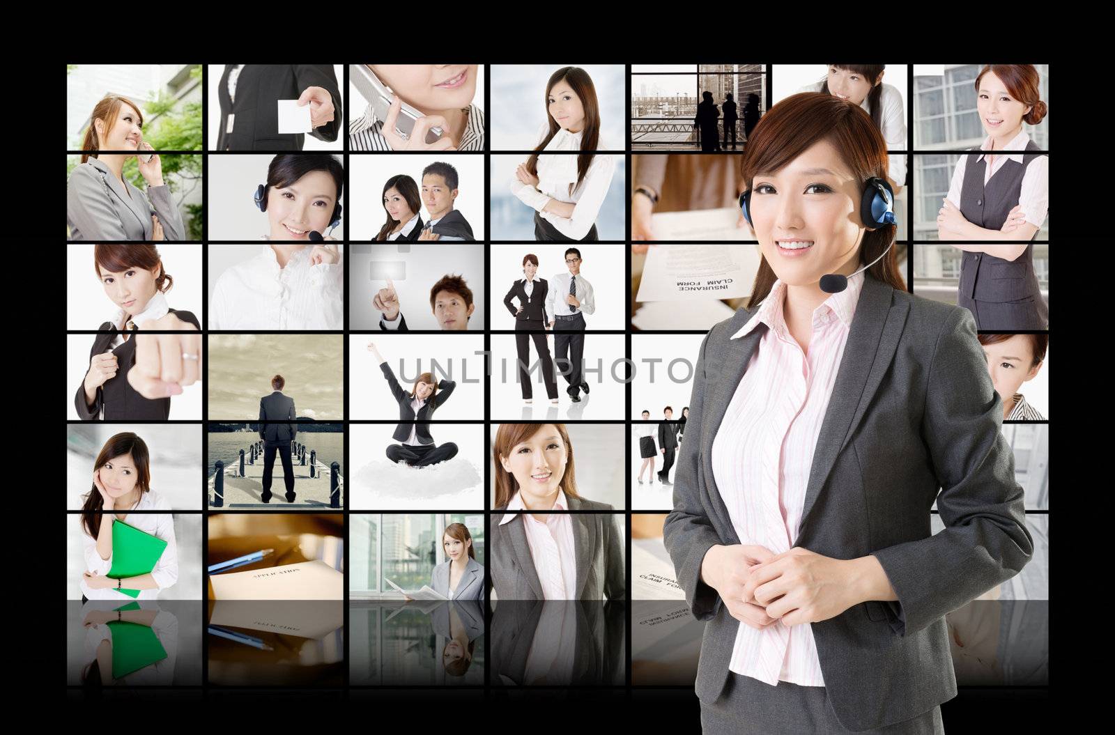 Business assistant stand in front of tv screen wall that has many pictures about business concept and people.