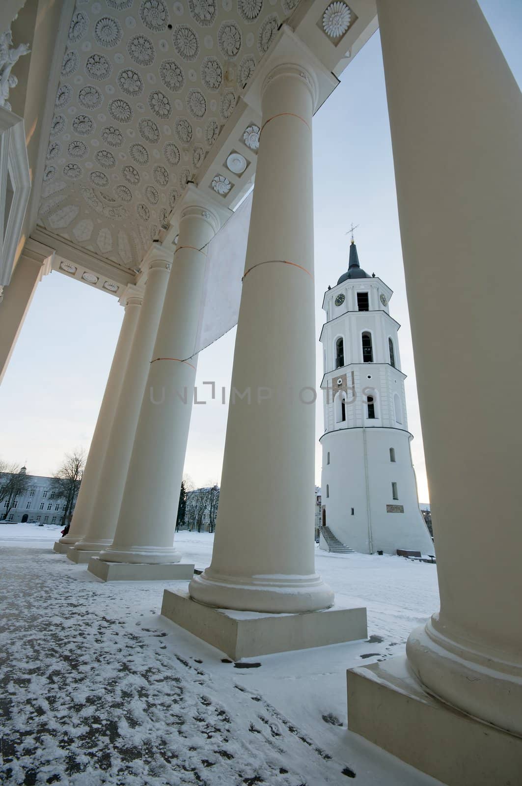 Bell tower and Catethral columns on Cathedral Square in Vilnius, Lithuania