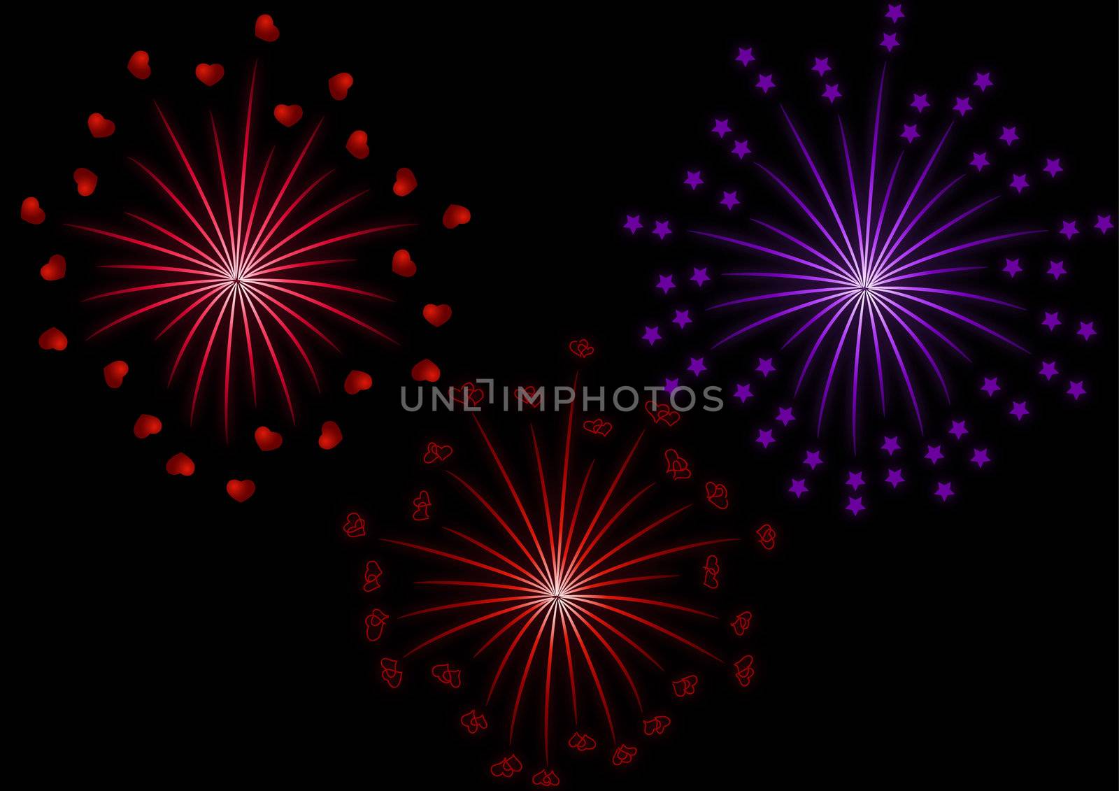 Fireworks set to glow with hearts and stars on a black background