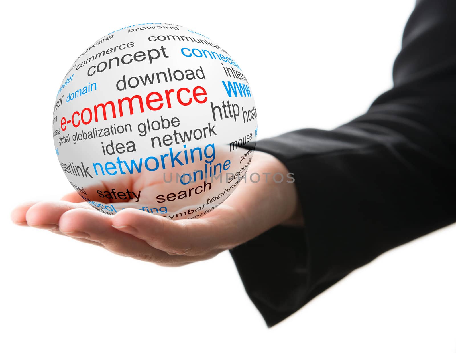 Transparent ball with word e-commerce in a hand