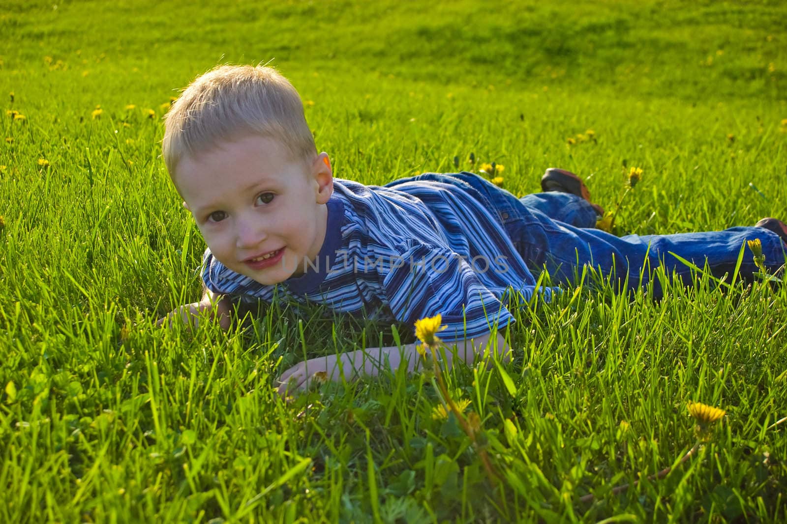 The four-year boy lies on a grass 