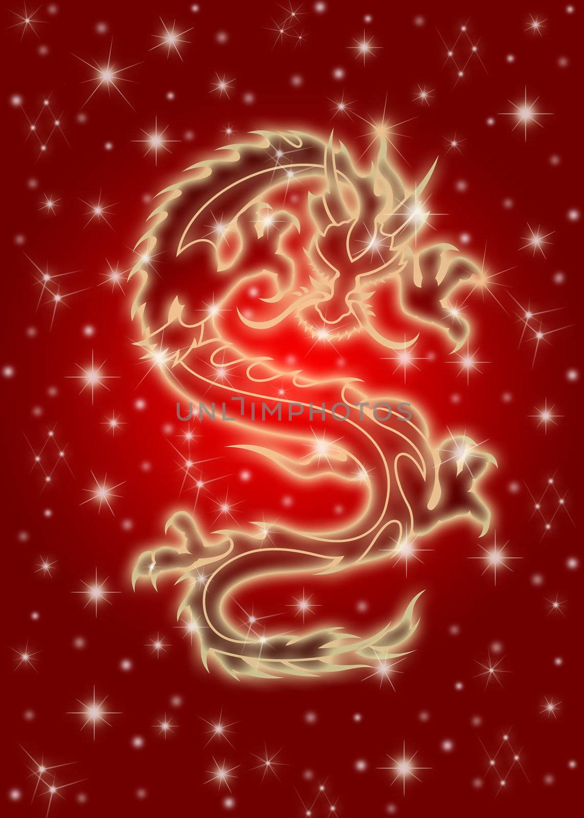 Zodiac Celestial Chinese Dragon Flying on Red Background Illustration