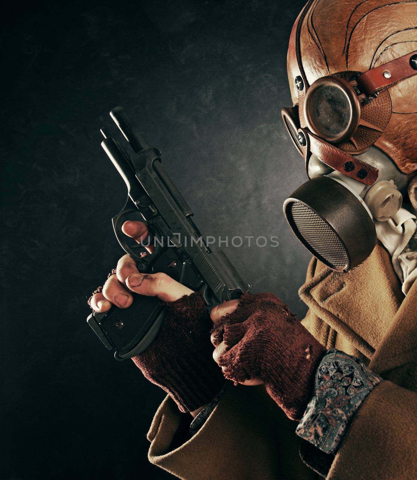 grunge portrait man in gas mask 