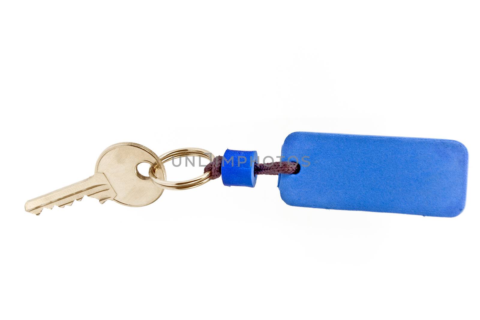 House key with blue tag isolated on white