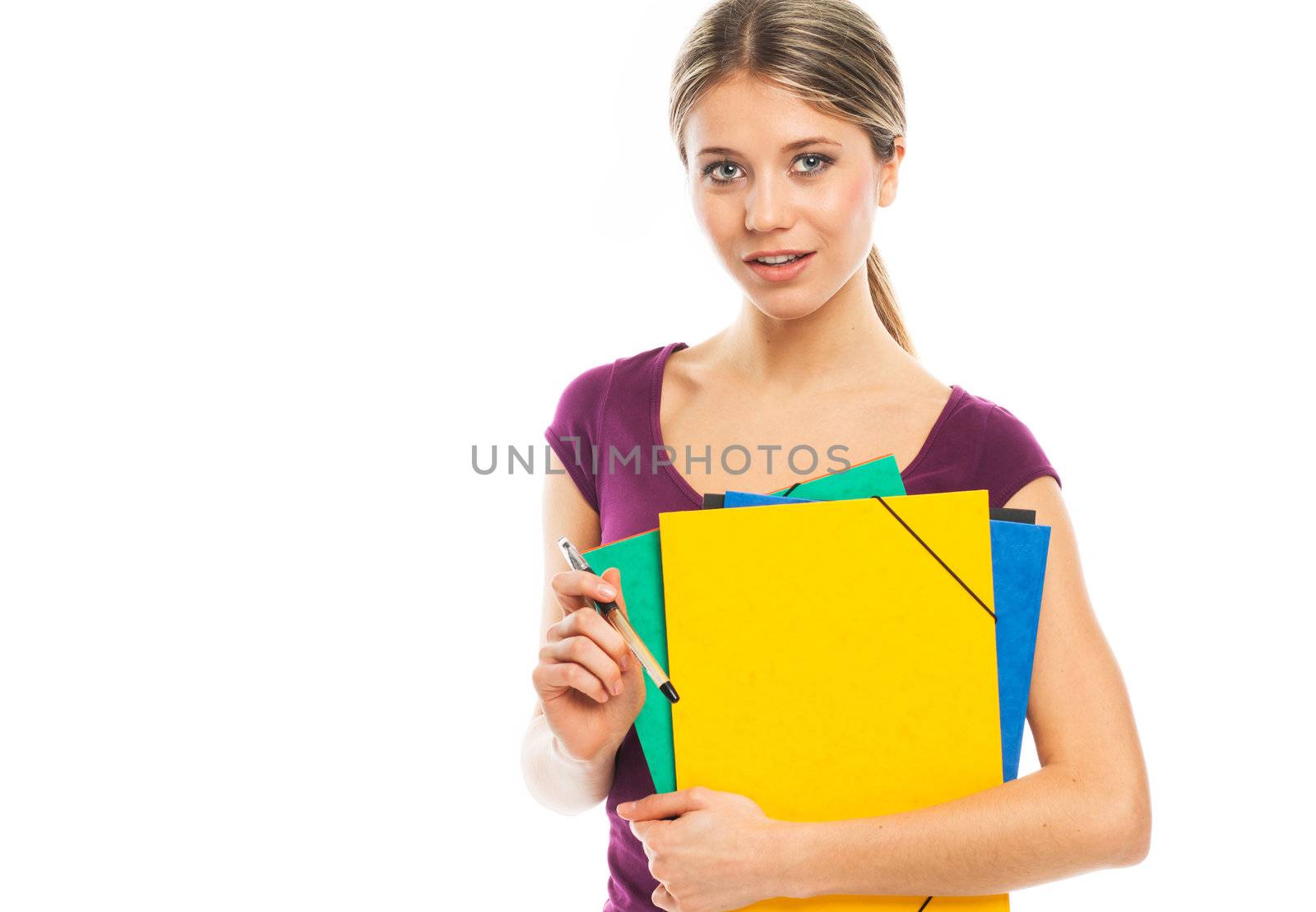 Young blond woman holding folders, illustrate student or working woman, on white