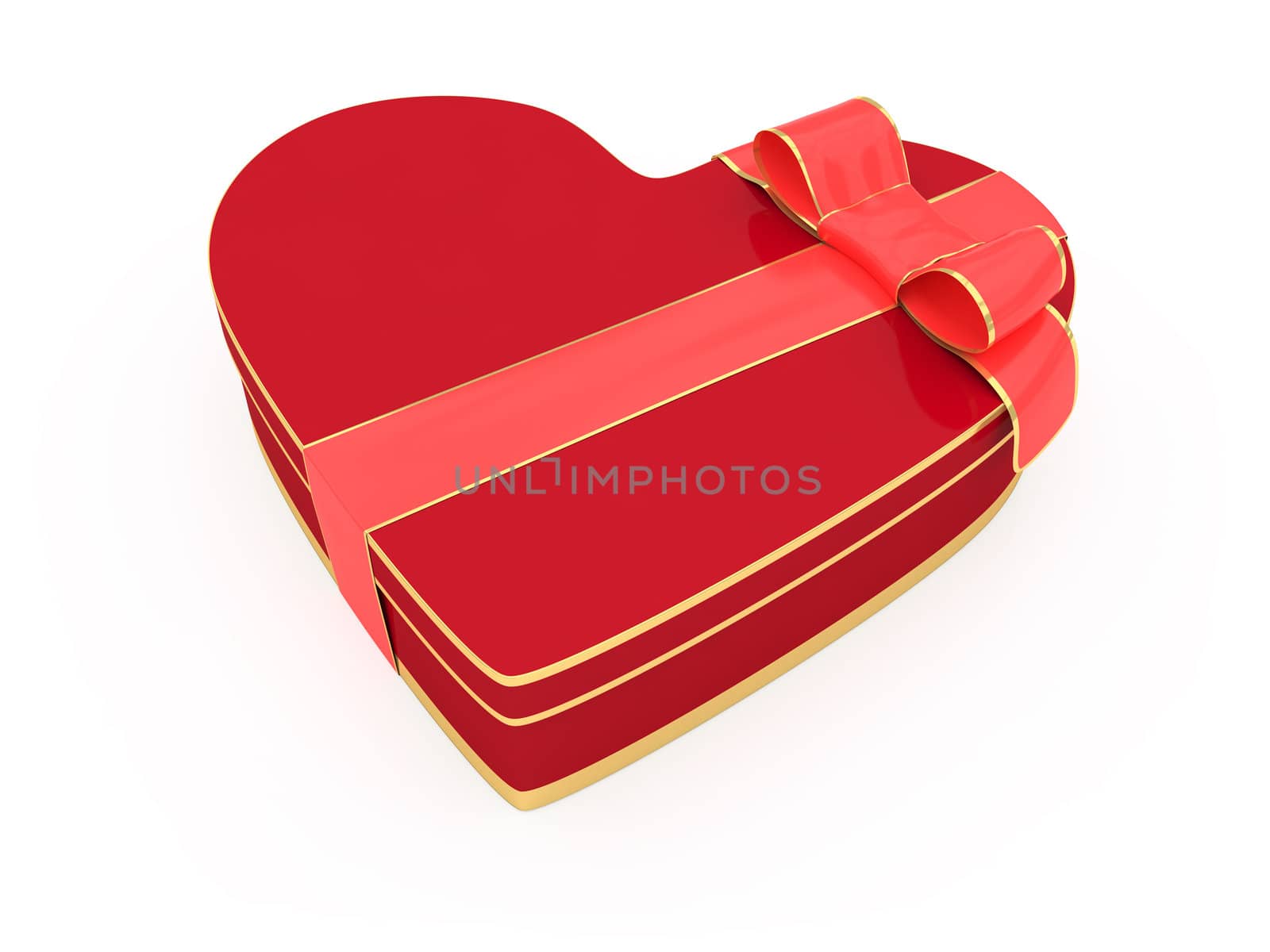 Deep red gift box decorated with gold stripes and red-gold bow.