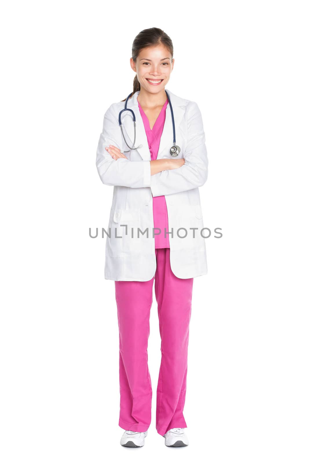 Young asian medical professional woman. Doctor or nurse standing in full body isolated wearing lab coat, scrubs and stethoscope. Young multiracial asian female medical professional in her mid twenties Isolated on white background.